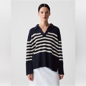 Gap 24/7 Split-Hem Polo Sweater in Navy White Stripe Size L